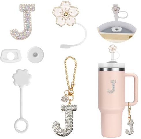 6PCS Personalisierte Tumbler Zubehör für Stanley Cup,Stroh Cover,Initialen Dekorationen für Tumbler,Buchstaben Aufkleber,Buchstaben Charm und Leck Stopper für Stanley Cup. (J)