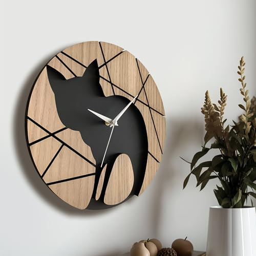 goodtime Katzenuhr, Schwarz und natürliche Farbe, modern, leise Uhr, 27,9 cm, Acryl, Eiche, Tiermotiv, Quarzwerk, einzigartiges Geschenk für Kinderzimmer, einzigartiges Geschenk für Männer, Frauen und