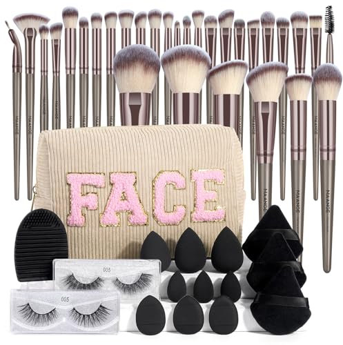 MAANGE Lot de 46 pinceaux de maquillage synthétiques de qualité supérieure - Multifonctions (champagne, lot de 46 pièces)