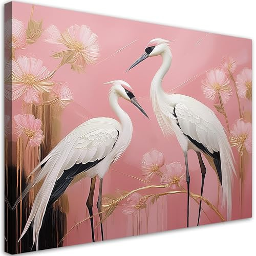 Feeby Leinwand Bilder - Vögel Kraniche Rosa - Canvas 90x60 cm - Deko Wohnzimmer - Wandbilder Schlafzimmer - Deko Aesthetic - Wand Deko - Leinwand Groß - Deko Zimmer - Leinwandbilder XXL