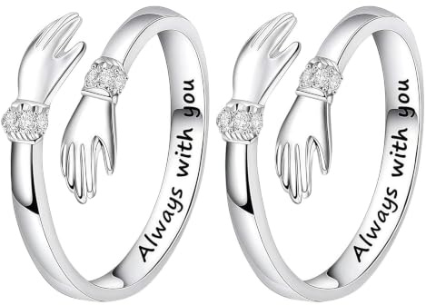 Sterling Silver Hug Ring for Women Engraved Words Rings, Adjustable Hugging Hands Open Ring Symbol of Love,for Daughters Mom Sister Wife Friends Mother's Day, Birthday, or Friendship Gift
