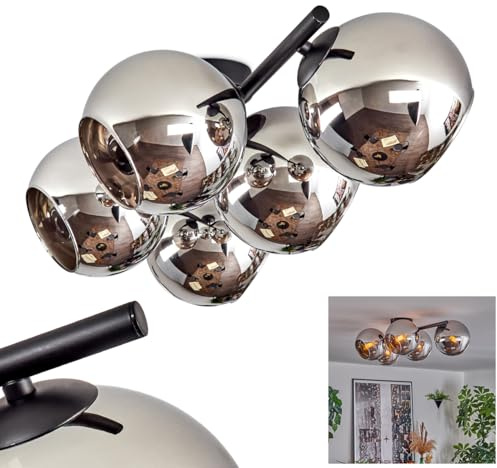 HOFSTEIN Deckenleuchte Koyoto, 5-flammige Deckenlampe aus Metall/Glas in Schwarz/Chrom-/Rauchfarben, Leuchte im Retro/Vintage-Design (Schirme Ø 15 cm), E14, Esszimmer, Wohnzimmer, Küche, Flur, Büro