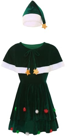 dPois Damen Weihnachtsbaum Kostüm Erwachsene Tannenbaum Kostüm Samt Minikleid mit Mütze Weihnachten Outfit