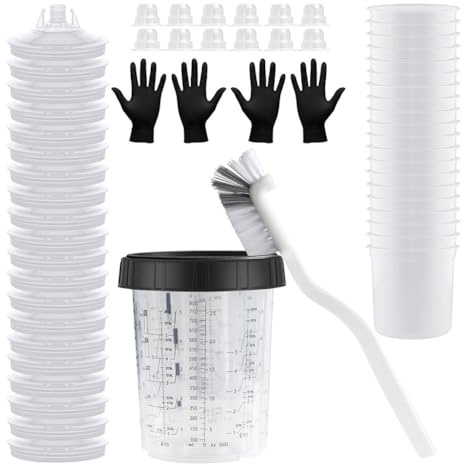 Ptdfjspt Einweg-Farbmischbecher-Set für Autolackierpistolen-HVLP-Spritzpistolen, 27 Unzen (800 Ml) Standard-Set, 20 Bechereinlagen, 20 Deckel