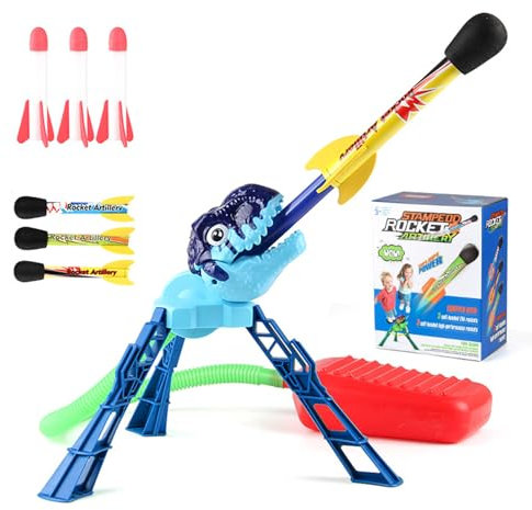 Qivange Rocket Launcher Toys for Kids Age 3-10︱Outdoor Garden Toys for Boys Girls Age 3 4 5 6 7 8 9 10 Years︱Dinosaur Air Rocket Toy with 3 LED + 3 Foam Rocket︱Birthday Gift for Child