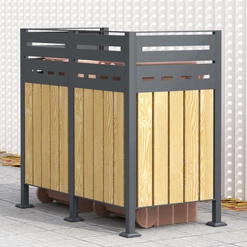 Youyijia Metall Mülltonnenzaun, Mülltonnendeckel für 60/120/240 L Mülltonnen, rostfrei und stabil, Mülltonnenverkleidung mit Sichtschutz, 165x150x85 cm für 2 Mülltonnen, grau/Holzoptik Mülltonnenbox