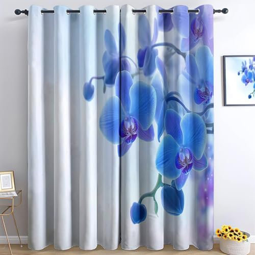 Generisch Blickdicht Vorhang Ösenschal Verdunkelungsvorhang 3D Aquarell Blaue Orchidee Gardinen Kinderzimmer Wohnzimmer Thermovorhang Polyester Vorhänge H183 x B117 cm 2Er Set