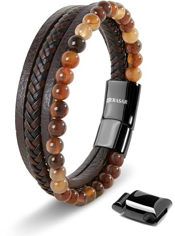 SERASAR Armband Herren Leder Braun Lederarmband Männer Armreif Herrenarmband Natürlicher Achat Flecht Energie Kette Armbändchen Men Leather Bracelet für Ihn