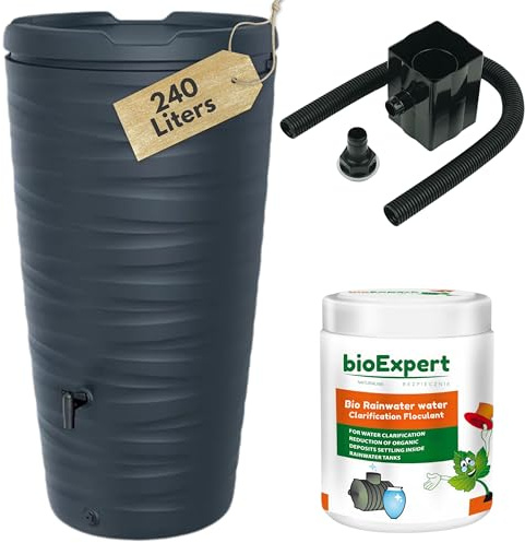 Water Butt Kit With Tap, Diverter And Bio Cleaner- 240L Plastic Rain Water Collector for Garden, Balcony or Terrace - H44 x D23 in (114.5x59.3cm) Save and Promote Plant Growth In Modern Grey