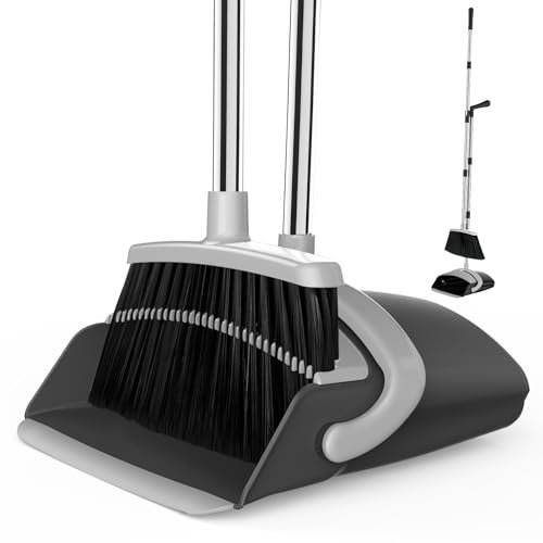 EZKEY Broom and Dustpan Set for Home, 51-in Long Adjustable Handle Angle Broom and Dustpan Combo Set with Dust Pan Teeth to Clean Hair for Home Kitchen Office Lobby Floor Garden (Black&White)
