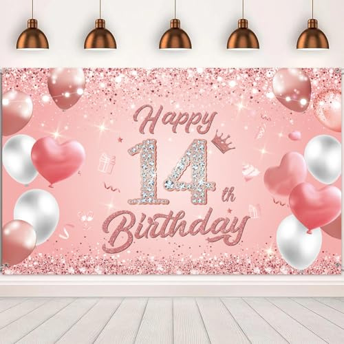 Banner Happy 14th Birthday, Roségold, 1,1 x 1,8 m, Happy Birthday-Banner, Hintergrund zum 14. Geburtstag, Dekorationen für Mädchen und Frauen, Partyzubehör zum 14. Jahrestag