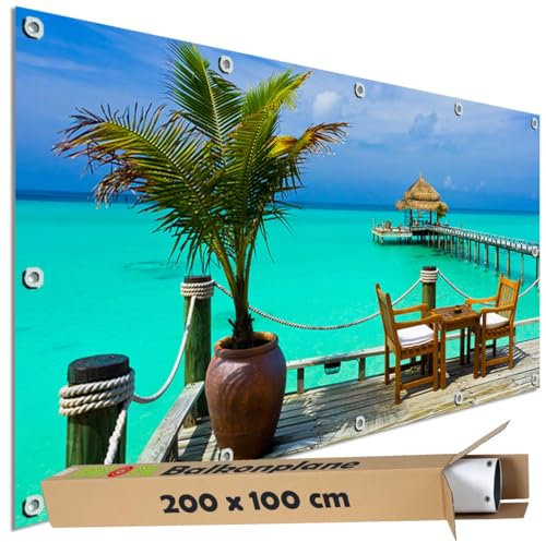 TRIOSK Sichtschutz Balkon Deko Plane Balkonblende Blickdicht mit Motiv Karibik Strandbar Beach Meerblick für Garten Terrasse Gartenzaun Balkonverkleidung Blickschutz PVC groß 200x100 cm
