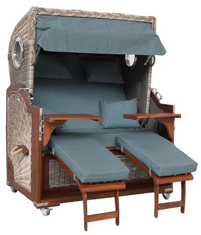 Webavita Strandkorb Bali Teakholz | 2,5-Sitzer | Montiert | Geflecht Grau | Bezug Grau | Halblieger | Beach Chair für den Garten Terrasse Balkon