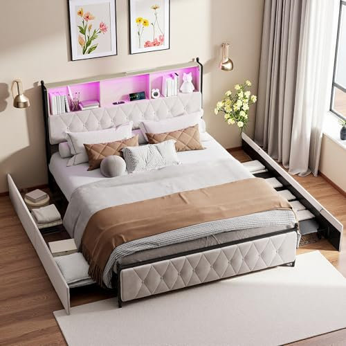 PerGar Polsterbett mit Stauraum, Doppelbett mit USB & 4 Schubladen, Jugendbett mit LED Stauraum Kopfteil, Stauraumbetten, Bettgestell mit Lattenrost, Samt, Ohne Matratze, Beige (160x200cm)