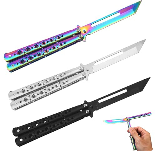 3 Stück Butterfly Trainer, Ungeschärfte Klinge Übungs Knife Butterfly Messer zum Üben Ungeschärfte Klinge Edelstahl Trainings für Balisong-Trainingsmesser AnfäNger-Der Flipping (Schwarz + Silber + Far