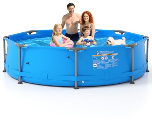 GYMAX Piscina fuori terra con struttura in metallo, 3 m x 76 cm, piscina all'aperto per famiglie con tessuto resistente alle forature, connettore con valvola di drenaggio, per bambini e adulti (25 x
