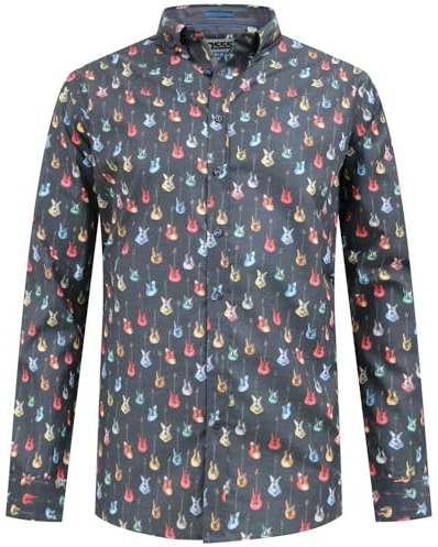 Duke Mens Wakefield All Over Guitar Print LS Shirt - Grey - 4XL