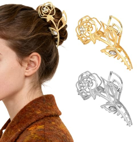 Exipsat 2 Stück Metall-Rose Haarklammer Groß, Gold und Silber, Haarspangen Damen, Elegante Hair Clip für Frisuren