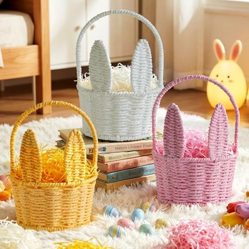 Lanpn 3er Papier-Osterkörbchen mit Henkel in Pink Weiß Gelb, leicht, wiederverwendbar, ideal für Kinder, Ostereiersuche, Süßigkeiten, Geschenke, Picknick, Frühjahrsdeko