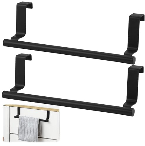2Pcs Over the Door Towel Rail 24x7cm Kitchen Towel Rail | Stainless Steel No-Drill Towels Rack Rails, Tea Towel Holder Hanger Storage for Cupboard, Bathroom, Cabinet(Black)