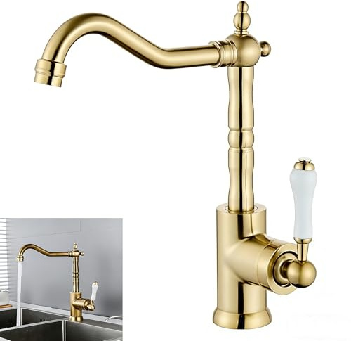 Robinet de cuisine à col de cygne en laiton doré poli avec bec pivotant à 360°, mitigeur à poignée unique pour évier de ferme (doré)
