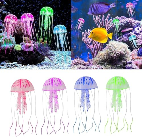 JENWUN 4 Stück leuchtende Quallen, schwimmende Aquarium-Dekorationen, Leuchteffekt, Silikon, Simulationsqualle, Aquarium-Dekorationen