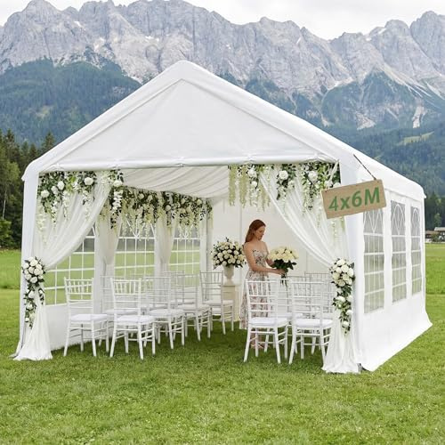 YRHome Premium 4x6M Partyzelt Pavillon,Wasserdicht & Winterfest,Einfach Aufzubauen,Stabil mit Seitenteilen & Fenstern,PE-Dach Garten Hochzeit Weiß