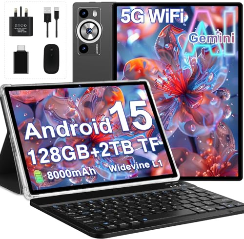 DEERTiME Tablet 10 Inch Android 15, 30GB RAM+128GB ROM(TF 2TB), Gemini AI, GMS, 8000mAh, Face ID, Octa Core 2.0GHz/BT5.0/GPS/Widevine L1/8MP+5MP/Widgets/5G WiFi Tablet with Keyboard & Mouse - Black