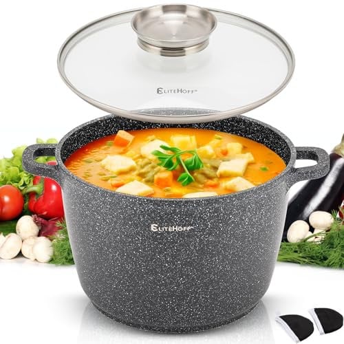 EliteHoff Olla de cocina antiadherente con tapa, olla de sopa de aluminio, olla de inducción de mármol grande para todo tipo de cocinas (negro, 6,5 L Ø 24 cm)