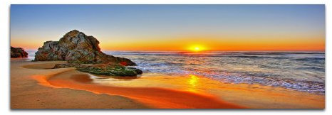 Paul Sinus Art Panoramabild auf Leinwand und Keilrahmen 150x50cm Strand Meer Sonnenaufgang Fels
