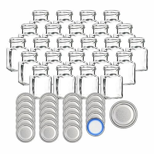 gouveo 24er Set Einmachgläser 150 ml eckig mit Schraub-Deckel silberfarben BS - Kleine Vorratsgläser mit Schraubverschluss - Leere Gewürzgläser, Marmeladengläser, Einkochgläser