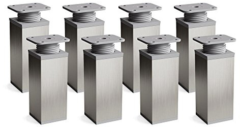 Sossai Verstellbare Möbelfüße MFV1, 8er Set, Edelstahl gebürstet grau, 100 mm hoch, Vierkantprofil, ideal für Schränke und Stauraummöbel