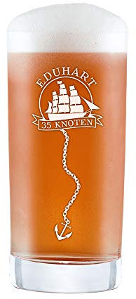 AMAVEL Longdrinkglas mit maritimer Gravur, Kapitän mit Segelschiff und Anker, Personalisiert mit Name und Alter in Knoten, Füllmenge: 0,5 l
