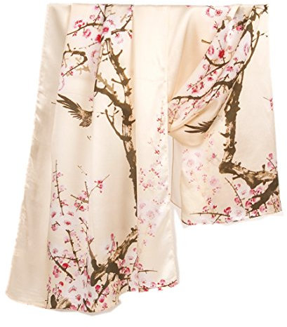 Prettystern 180cm XL Damen Satin Seiden-Schal Abendmode Schulter-Schal - Vögel Beige Pflaumenblüten Z04