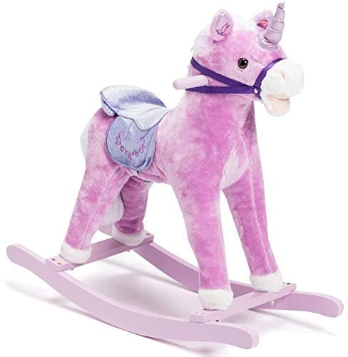 BAKAJI Cavallo a Dondolo per Bambini con Suoni Realistici Nitrisce e Muove la Bocca Struttura in Legno e Tessuto Peluche di qualità Giochi Infanzia (Rosa)