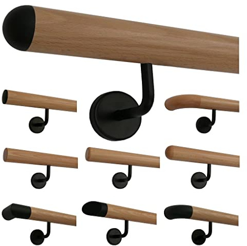 TIBU Buche Holz Handlauf Geländer 30-500cm im Set schwarze Halter Wandhandlauf Wand Treppe, Länge 400 cm mit 5 Halter Enden Halbrunde schwarze Kappen