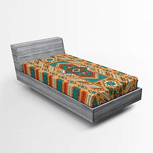 ABAKUHAUS aztekisch Spannbetttuch, Bohemian Pattern, Soft Dekorativer Stoff Bettwäsche Rund-um Elastischer Gummizug, 90 x 200 cm, Orange Teal