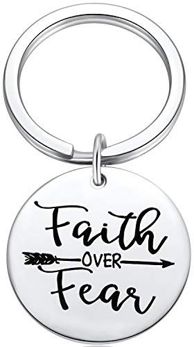 Ralukiia Faith Over Fear Schlüsselanhänger, christliches, inspirierendes Geschenk, religiöses, motivierendes Geschenk für Geburtstag, Weihnachten, Erntedankfest, Silber, silber, 1