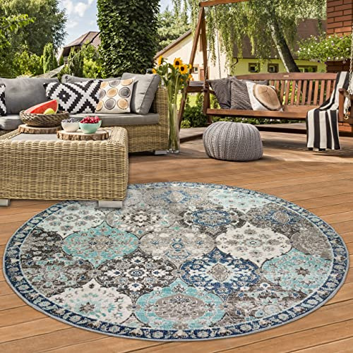 Teppich-Traum RUNDER Orientteppich für Indoor Schlafzimmer & Outdoor Balkon | wunderschöne Ornamente | grau blau Größe 160 cm rund