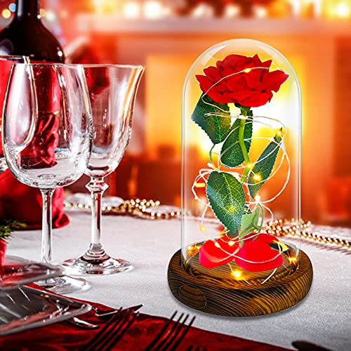 TWBEST Rosa Eterna,Kit di Rose,La Bella e La Bestia Rose Incantate,Elegante Cupola di Vetro con Base Pino Luci LED,per Anniversario San Valentino Compleanno