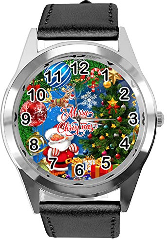 TAPORT® Runde Quarzuhr aus schwarzem Leder für Weihnachtsfans E1