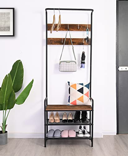 H JINHUI Porte-Manteau avec Étagère à Chaussures, Meuble d’Entrée avec Banc, Rangement entrée, 6 Crochets Amovibles, 3-en-1, 34 x 72 x 183 cm, pour Entrée, Chambre, Style Industriel