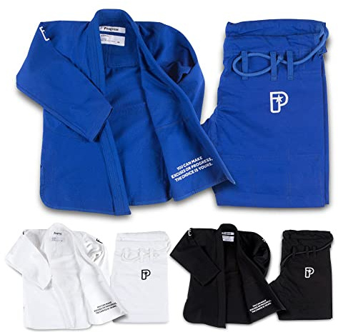 Progress Jiu Jitsu Kids Academy Gi | BJJ Gi for Kids with Free White Belt | Lightweight Kids Kimono | Tear-Resistant Kids BJJ Gi | Youth Jiu Jitsu Gi for Training & Competition | Blue - M000