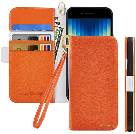 Butnyeoe Handyhülle für iPhone SE 2022/iPhone SE 2020/iPhone 8/iPhone 7 Klappbar Hülle,Litschi Textur Leder Wallet Schutzhülle Tasche Flip Cover Case Klapphülle mit Kartenfach,Orange