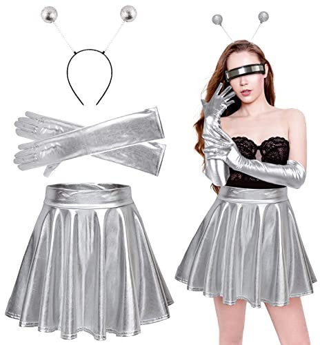 3pcs Alien Kostüm Set Cosplay Metallic Glitzer Outfits Damen Metallischer Faltenrock + Alien Haarreif + Metallic Handschuhe 80er Festival Kostüm Set Silber L