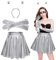 3pcs Alien Kostüm Set Cosplay Metallic Glitzer Outfits Damen Metallischer Faltenrock + Alien Haarreif + Metallic Handschuhe 80er Festival Kostüm Set Silber L