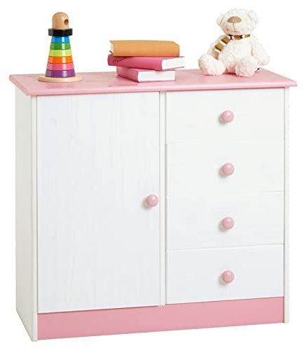 IDIMEX Commode Enfant Rondo lasuré Blanc et Rose en pin Passif Buffet Meuble de Rangement pour Chambre Enfant avec 4 tiroirs et Une Porte