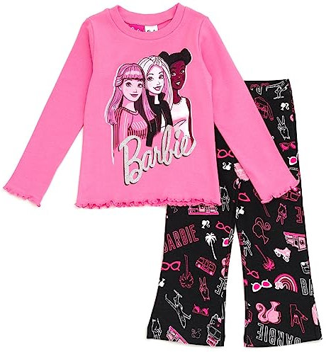 Barbie T-shirt et pantalon pour filles de garçon à grand garçon, Rose/noir, 10-12