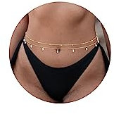 FUNEIA 2 Stück Bauchkette Gold Damen 14 Karat Vergoldet Hüftkette Pailletten Geschichtet Bikini Kristall Taillenkette Verstellbare Boho Belly Waist Chain Körperschmuck für Frauen und Mädchen