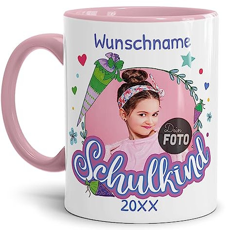 Tassendruck Personalisierbare Tasse zur Einschulung - Schulkind mit Foto, Name und Jahr personalisiert - personalisierte Geschenke zur Einschulung Mädchen | 300ml, Innen & Henkel Rosa